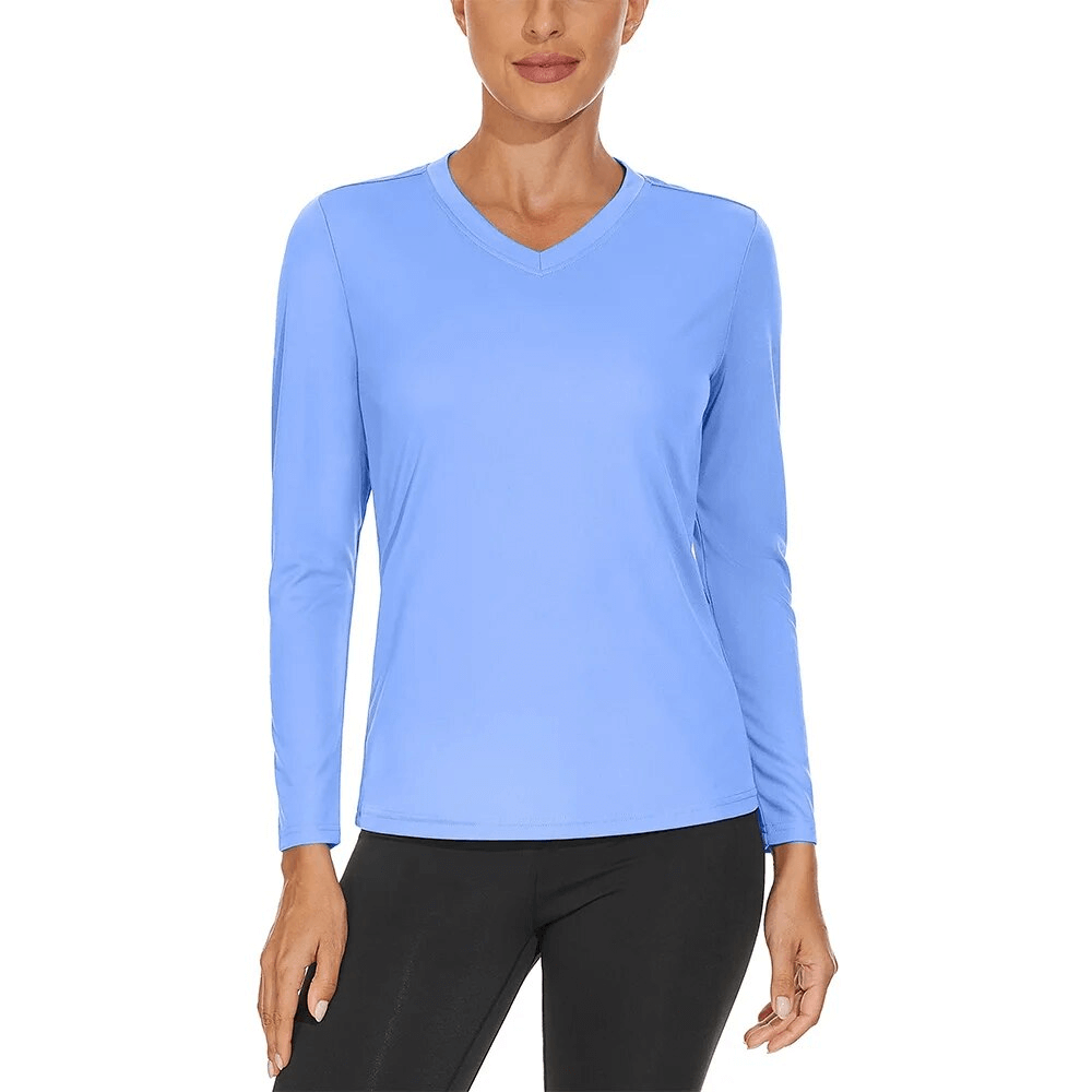 Women's sun-protective V-neck sports top in blue, featuring long sleeves, UPF 50+ protection, ideal for hiking and camping.
